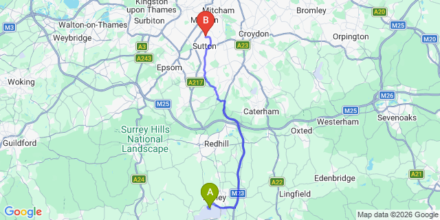 Map: London Gatwick Airport (LGW) to SM1 Sutton