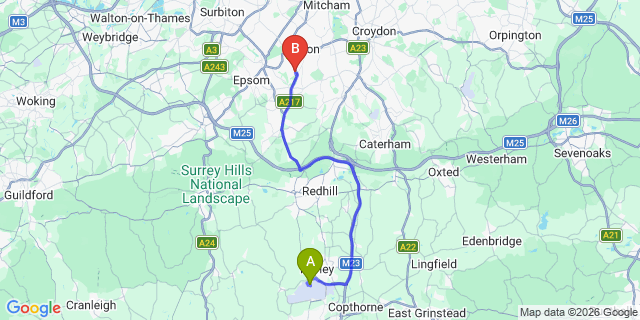 Map: London Gatwick Airport (LGW) to SM2 Sutton