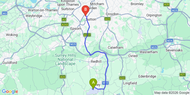 Map: London Gatwick Airport (LGW) to SM3 Sutton
