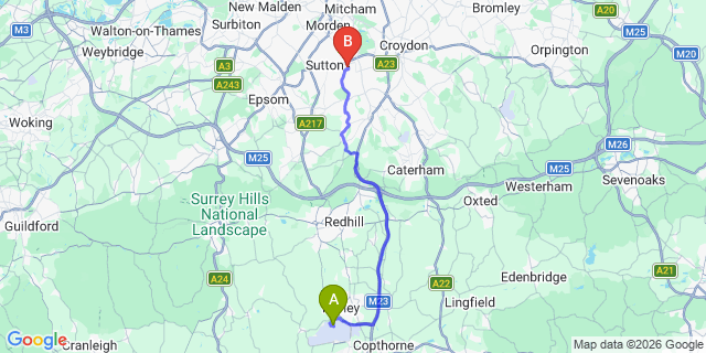 Map: London Gatwick Airport (LGW) to SM5 Carshalton
