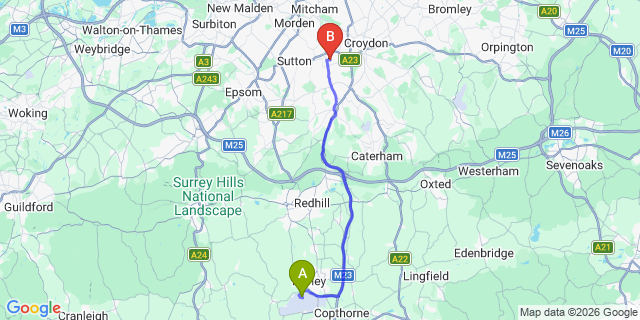 Map: London Gatwick Airport (LGW) to SM6 Wallington