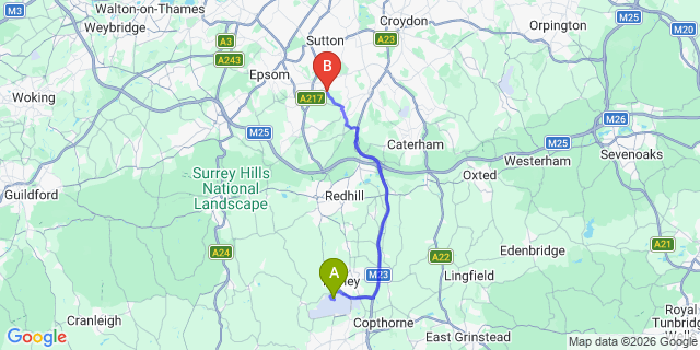 Map: London Gatwick Airport (LGW) to SM7 Banstead