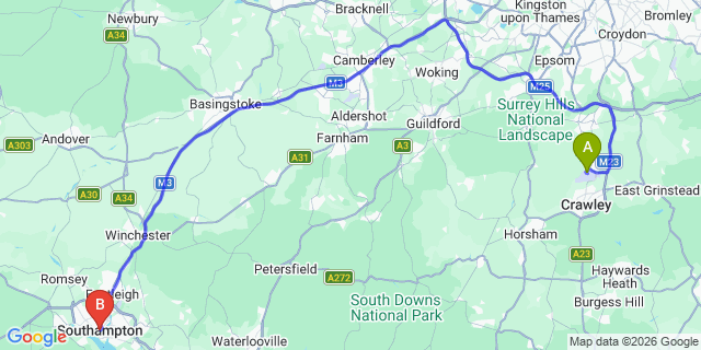 Map: London Gatwick Airport (LGW) to Southampton