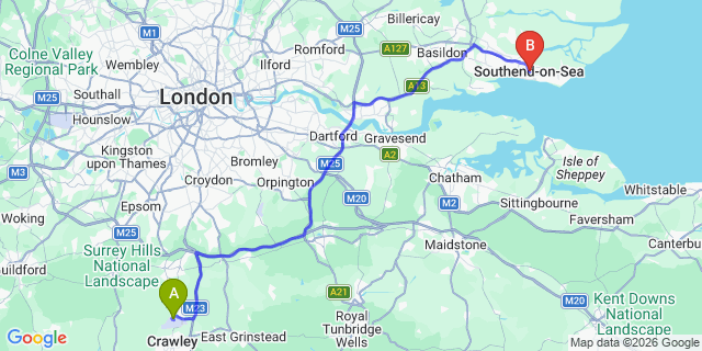 Map: London Gatwick Airport (LGW) to Southend-On-Sea