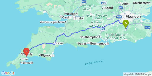 Map: London Gatwick Airport (LGW) to St Austell