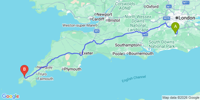 Map: London Gatwick Airport (LGW) to St Ives