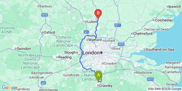 Map: London Gatwick Airport (LGW) to Stevenage