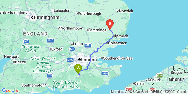 Map: London Gatwick Airport (LGW) to Stowmarket