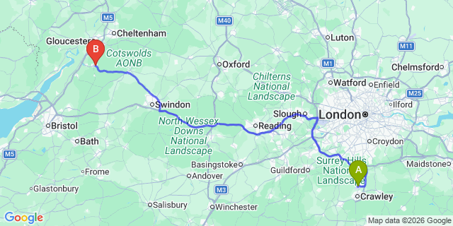 Map: London Gatwick Airport (LGW) to Stroud