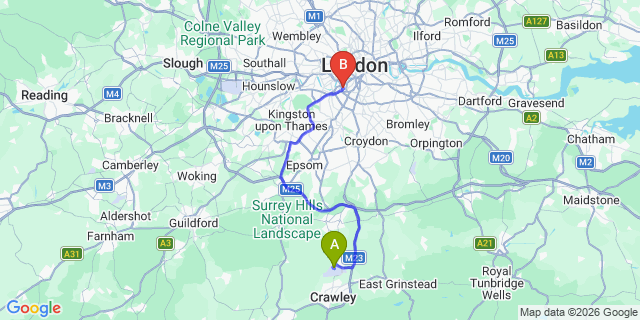 Map: London Gatwick Airport (LGW) to SW11 Battersea