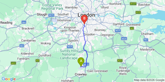 Map: London Gatwick Airport (LGW) to SW12 Balham