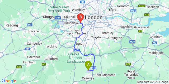 Map: London Gatwick Airport (LGW) to SW14 Mortlake