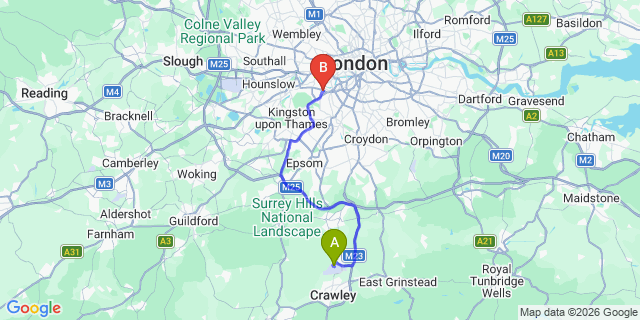Map: London Gatwick Airport (LGW) to SW15 Putney