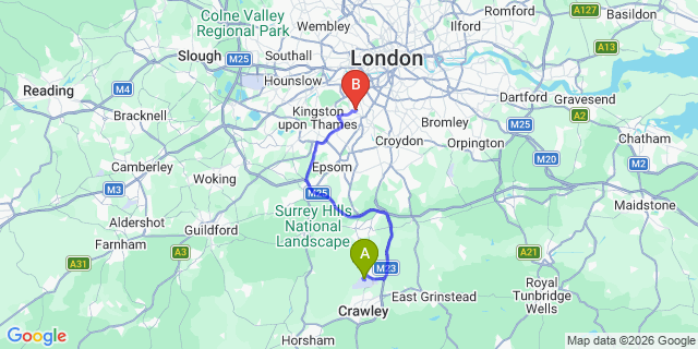 Map: London Gatwick Airport (LGW) to SW19 Merton