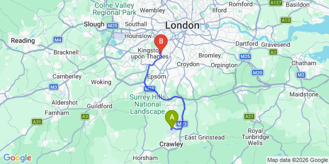 Map: London Gatwick Airport (LGW) to SW20 West Wimbledon