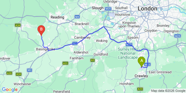 Map: London Gatwick Airport (LGW) to Tadley