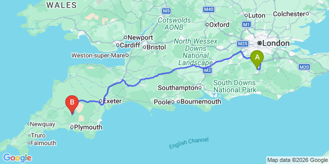 Map: London Gatwick Airport (LGW) to Tavistock