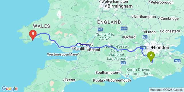 Map: London Gatwick Airport (LGW) to Tenby