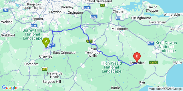 Map: London Gatwick Airport (LGW) to Tenterden