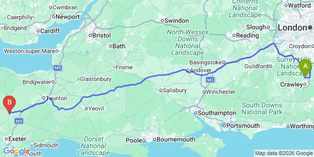Map: London Gatwick Airport (LGW) to Tiverton