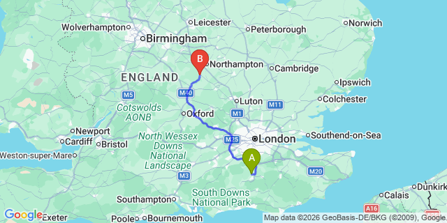 Map: London Gatwick Airport (LGW) to Towcester