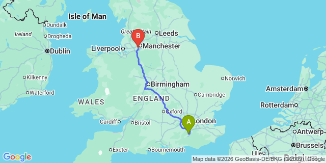 Map: London Gatwick Airport (LGW) to Trafford