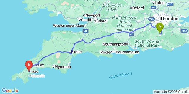 Map: London Gatwick Airport (LGW) to Truro