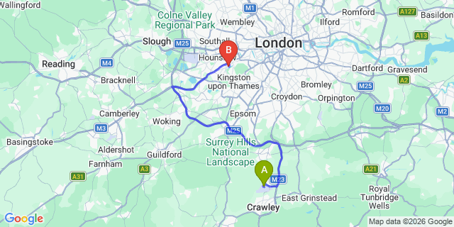 Map: London Gatwick Airport (LGW) to TW1 Twickenham