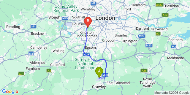 Map: London Gatwick Airport (LGW) to TW10 Richmond