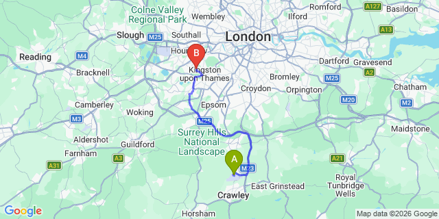 Map: London Gatwick Airport (LGW) to TW11 Teddington