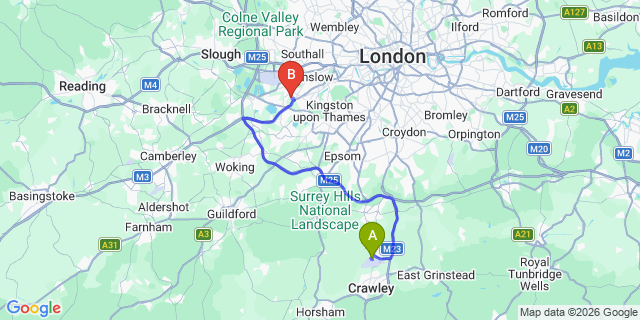 Map: London Gatwick Airport (LGW) to TW13 Feltham