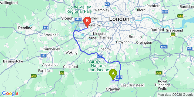 Map: London Gatwick Airport (LGW) to TW14 Feltham