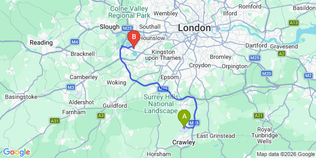 Map: London Gatwick Airport (LGW) to TW15 Ashford