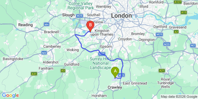 Map: London Gatwick Airport (LGW) to TW16 Sunbury-on-Thames