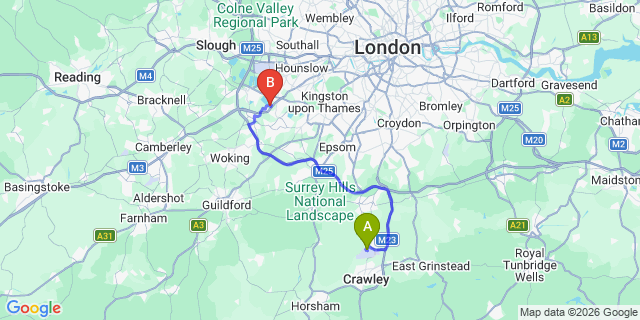 Map: London Gatwick Airport (LGW) to TW17 Shepperton