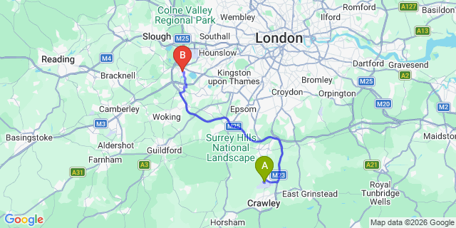 Map: London Gatwick Airport (LGW) to TW18 Staines-upon-Thames