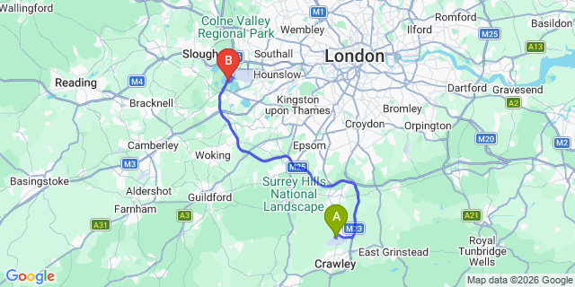 Map: London Gatwick Airport (LGW) to TW19 Staines-upon-Thames