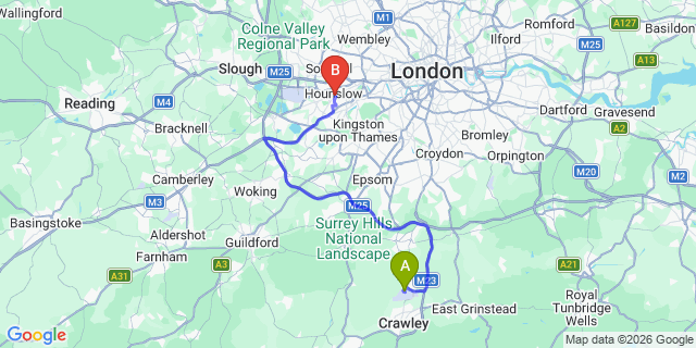 Map: London Gatwick Airport (LGW) to TW3 Hounslow