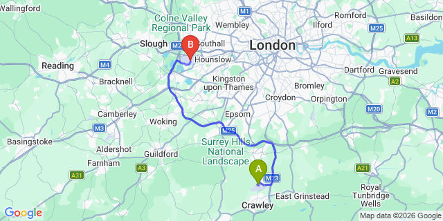Map: London Gatwick Airport (LGW) to TW6 Hounslow