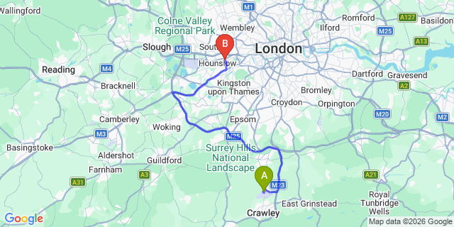 Map: London Gatwick Airport (LGW) to TW7 Isleworth