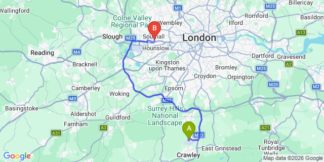 Map: London Gatwick Airport (LGW) to UB2 Southall