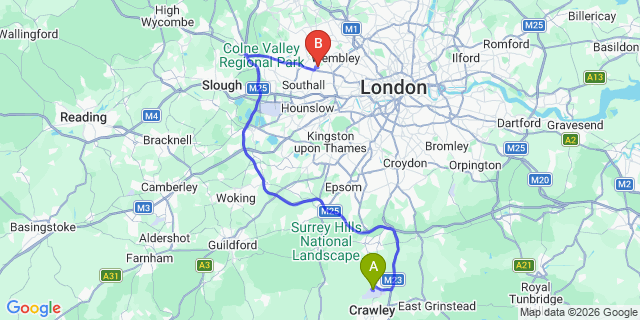 Map: London Gatwick Airport (LGW) to UB6 Greenford