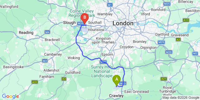 Map: London Gatwick Airport (LGW) to UB7 West Drayton