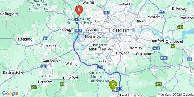 Map: London Gatwick Airport (LGW) to UB9 Uxbridge
