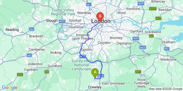 Map: London Gatwick Airport (LGW) to W1 Westminster