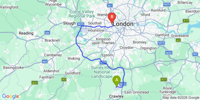 Map: London Gatwick Airport (LGW) to W12 Shepherds Bush