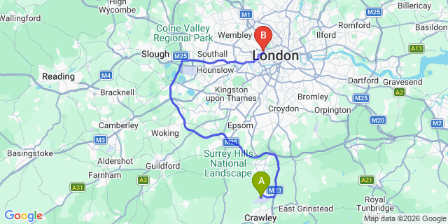 Map: London Gatwick Airport (LGW) to W2 Paddington