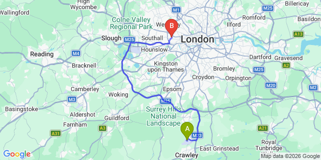 Map: London Gatwick Airport (LGW) to W3 Acton