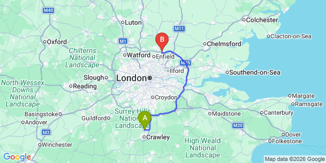 Map: London Gatwick Airport (LGW) to Waltham Abbey