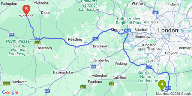 Map: London Gatwick Airport (LGW) to Wantage